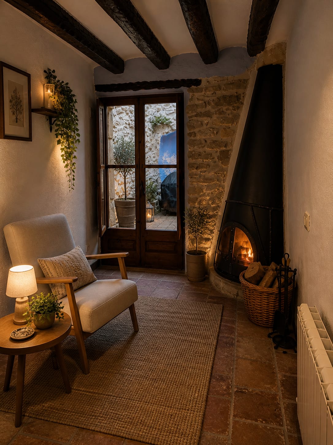 Rincón de lectura con chimenea encendida y salida al patio de Barcella