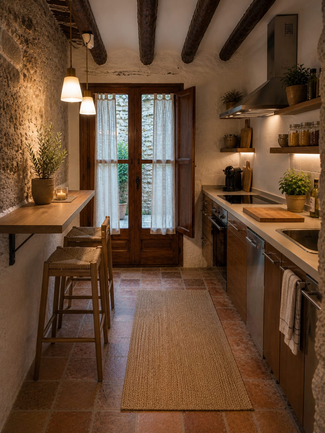 Cocina equipada de Barcella con paredes de piedra y salida al patio
