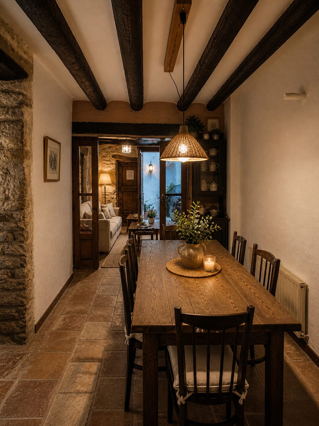 Comedor de Barcella con mesa de madera, vigas y paredes de piedra