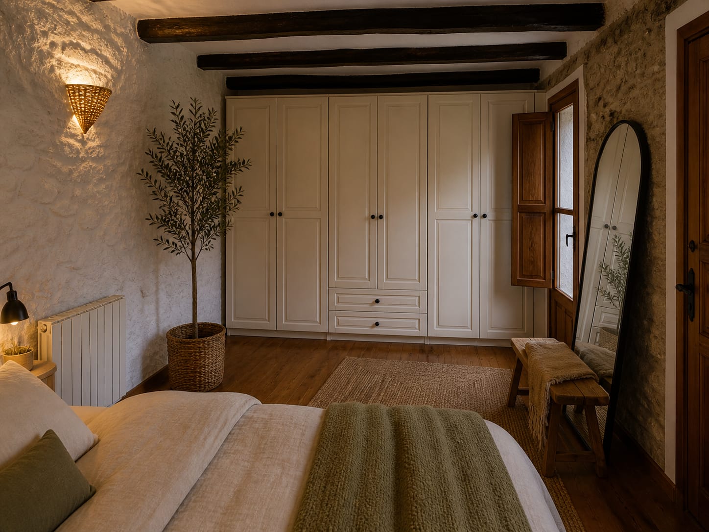 Dormitorio de Barcella con gran armario, vigas y suelo de madera