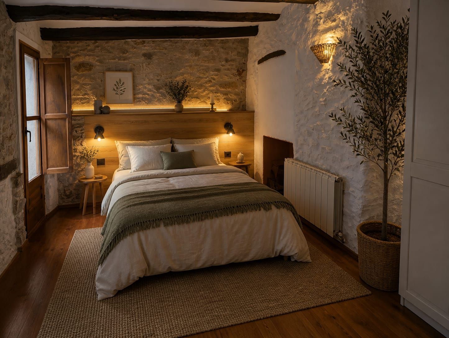 Dormitorio doble de Barcella con paredes de piedra y madera
