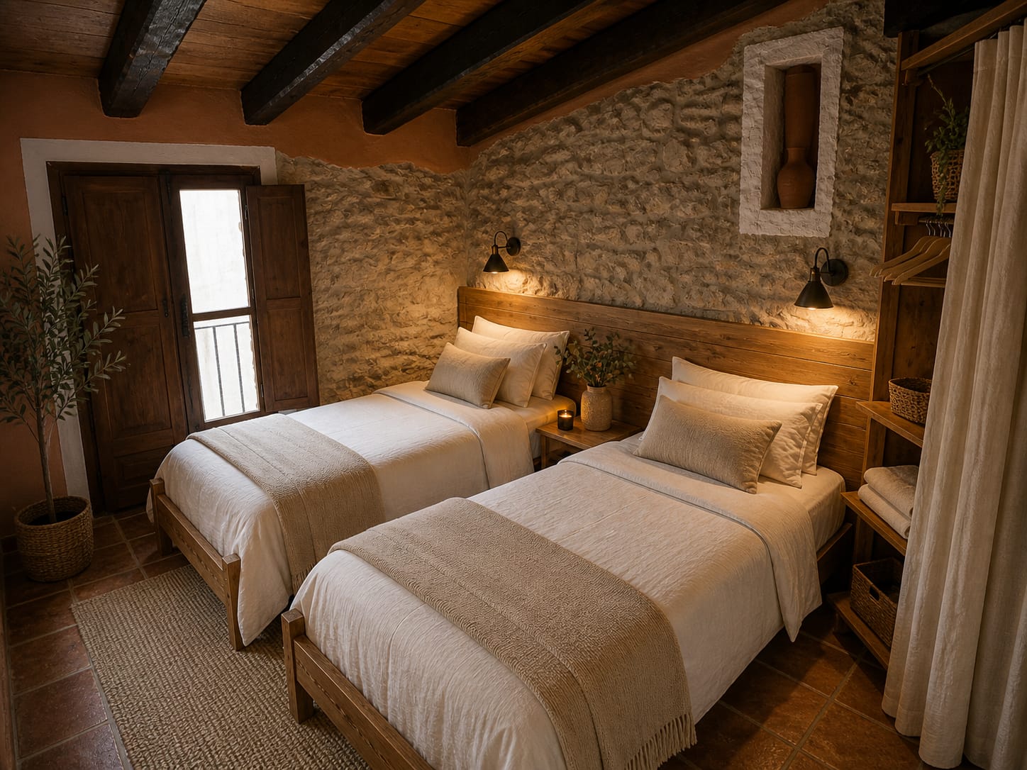 Dormitorio de Barcella con dos camas individuales y pared de piedra