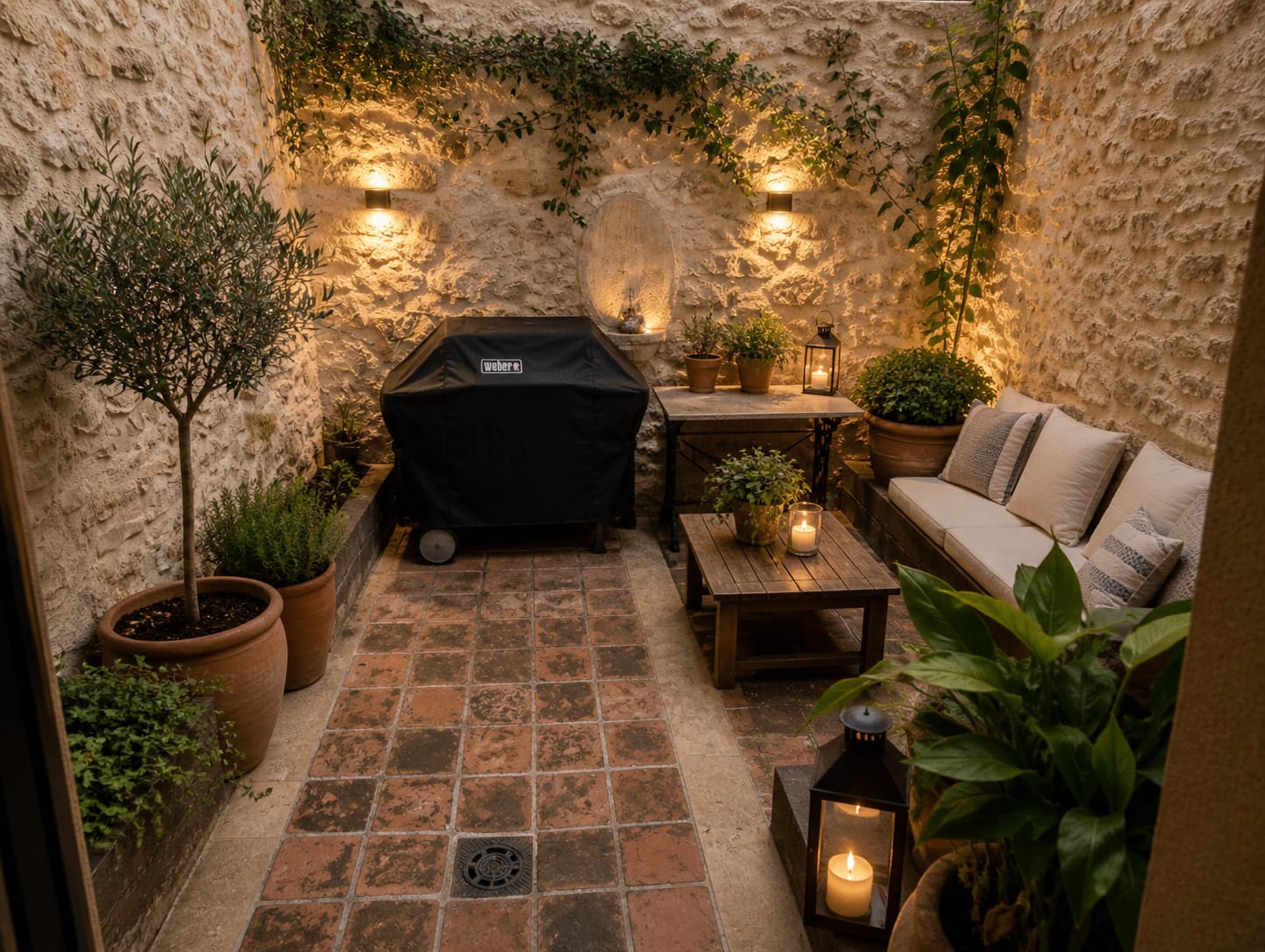 Patio interior de piedra de Barcella con plantas, sofá y barbacoa